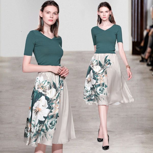 

dresses summer vintage two piece sets women basic green knitted + a-line floral printed skirt suits ladies elegant outfit, White