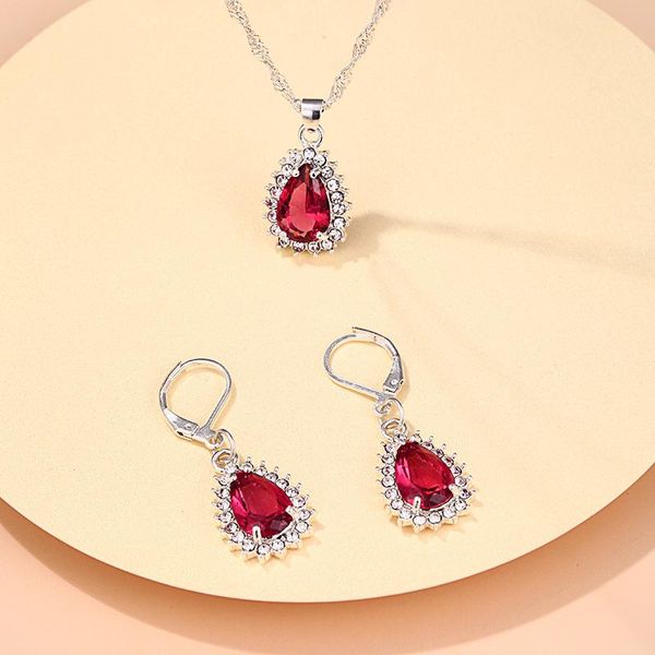 

earrings & necklace fashion silver color charm jewelry sets for women luxury water drop red cz crystal female wedding set