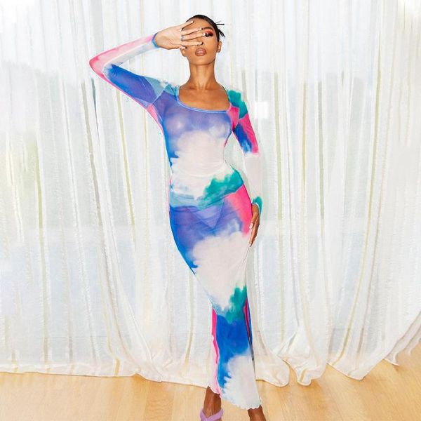 

casual dresses mesh see through halter dress women summer 2021 tie dye long sleeve bodycon tulle backless female clothing blue, Black;gray