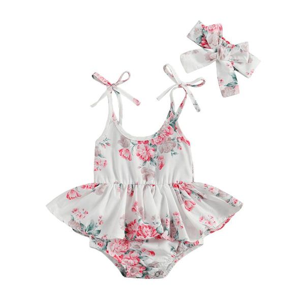 

rompers cute baby summer outfits floral print tied strappy sling dress bodysuit+ bow hairband suit for toddlers girls 0-24 months, Blue