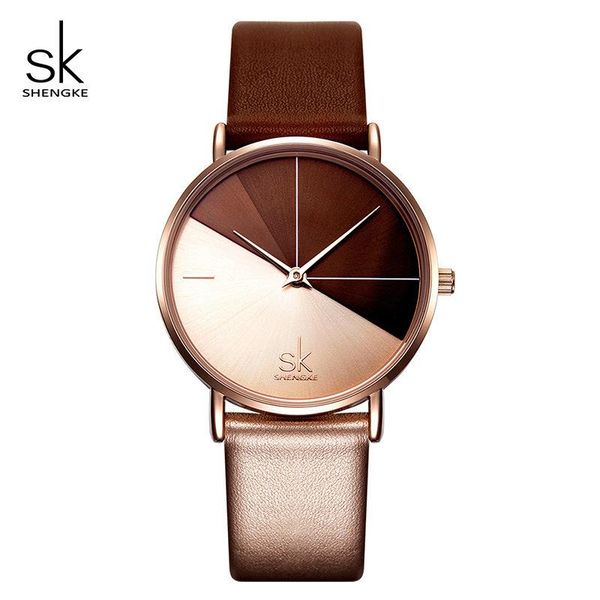 

wristwatches shengke creative fashion women watches bicolor genuine leather strap ladies watch designer gifts for reloj, Slivery;brown