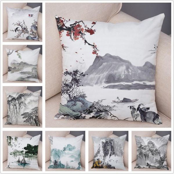 

cushion/decorative pillow super soft short plush chinese ink scenic case linen 45*45 cm cushion cover for sofa home decor pillowcase pillows