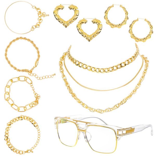 

chains 80s/90s rapper costume hip hop kit chain flat sunglasses big links necklace, Silver