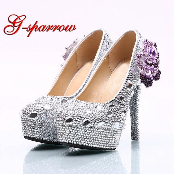 

wedding ceremony shoes 14cm high heel silver rhinestone bridal dress with purple crystal flower party prom pumps, Black