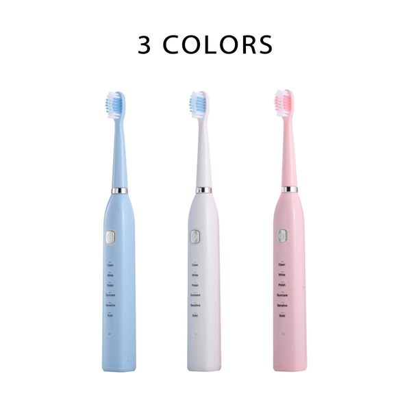 

ipx7 waterproof 500mah electric toothbrush 6 speed usb rechargble sonic vibration tooth brush whitening oral care with 3 heads - white