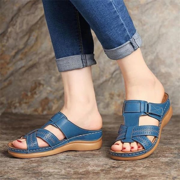

sandals women wedge solid color buckle open toe comfortable slippers beach summer 2021, Black