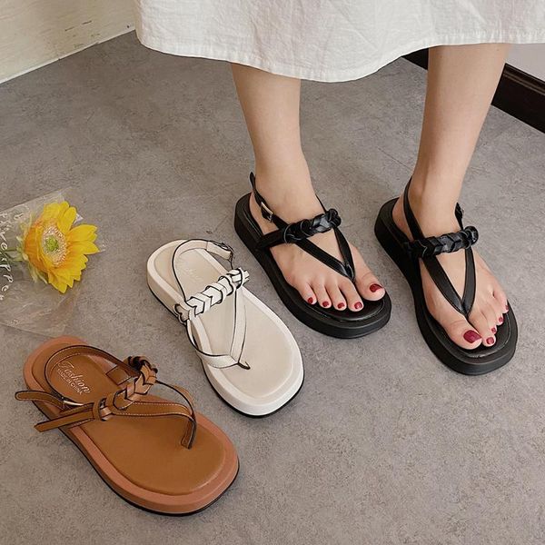 

sandals woman outdoor platform gladiator sandalias mujer women's summer clip toe vintage pu leather weaving beach shoes, Black