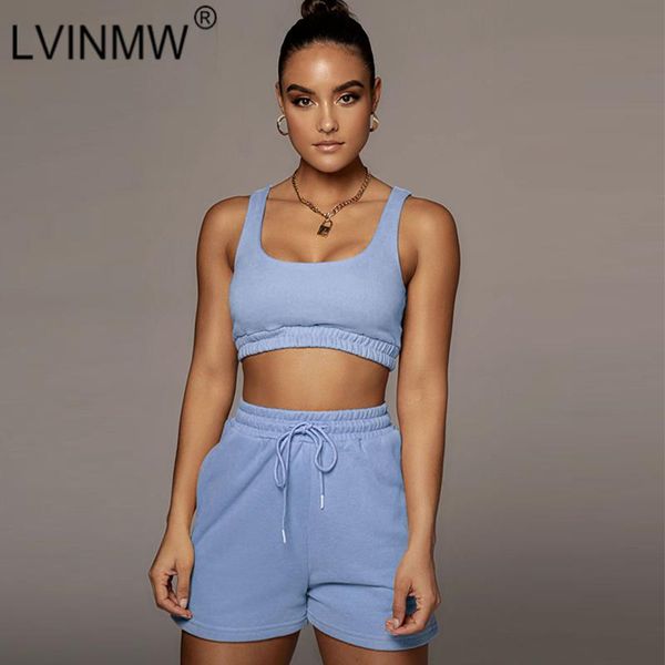 

casual solid slim sports fitness women two piece set square collar sleeveless tank drawstring elastic waist shorts women's tracksuits, Gray