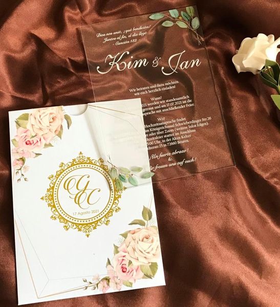 

gold,blush rose pocket envelopes,green leaf acrylic wedding invitations,custom 10pcs white ink invitations,acrylic menu greeting cards