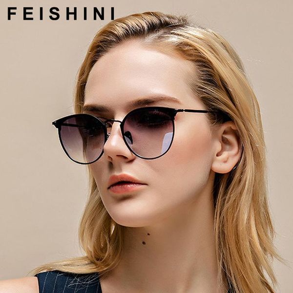 

sunglasses feishini brand design oval metal cateye polarized ladies fashion trendy womens glasses uv protector gradient grey, White;black
