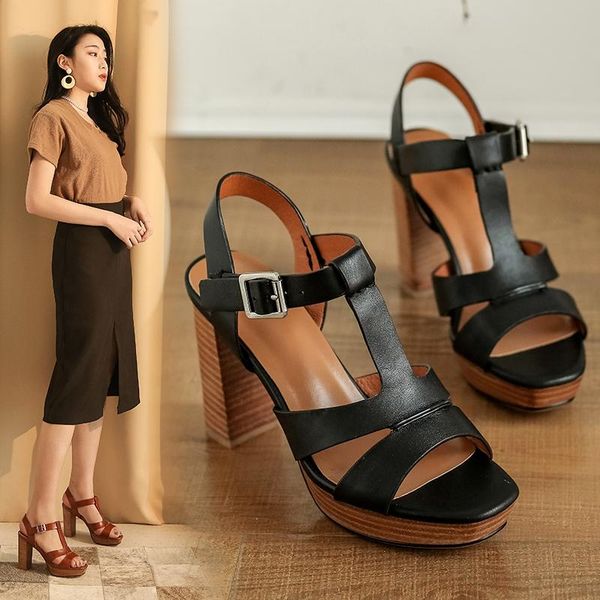 

sandals vintage women 2021 summer high heels pumps for genuine leather classic design basic office lady party shoes woman, Black