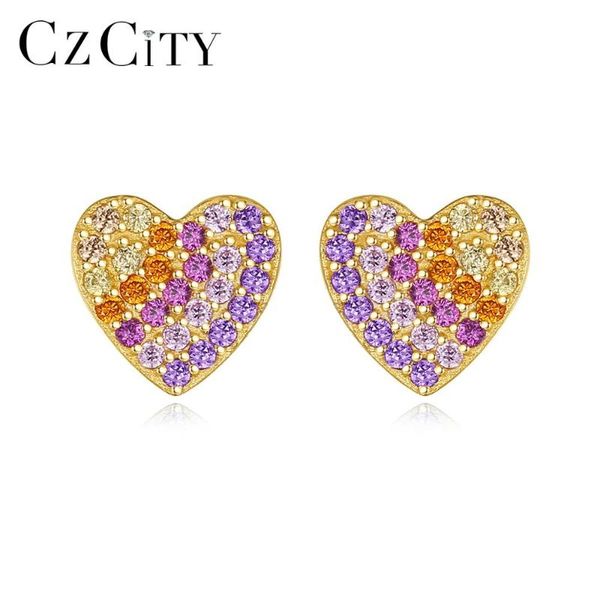 

allakalo rainbow heart stud earrings for women girls tiny cz stone 925 silver fine jewelry dating boucle d'oreille femme nce-077, Golden;silver