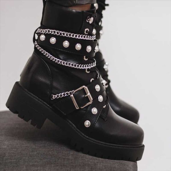 

boots 2021 brand fashion chains pearls winter shoes women ankle tide tire skidproof sole cool motorcycles footwear, Black