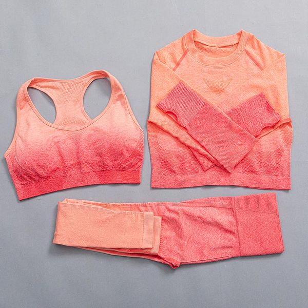 

yoga outfit ombre women set seamless fitness workout sports suit high waist leggings long sleeve crop bra pants gym clothing