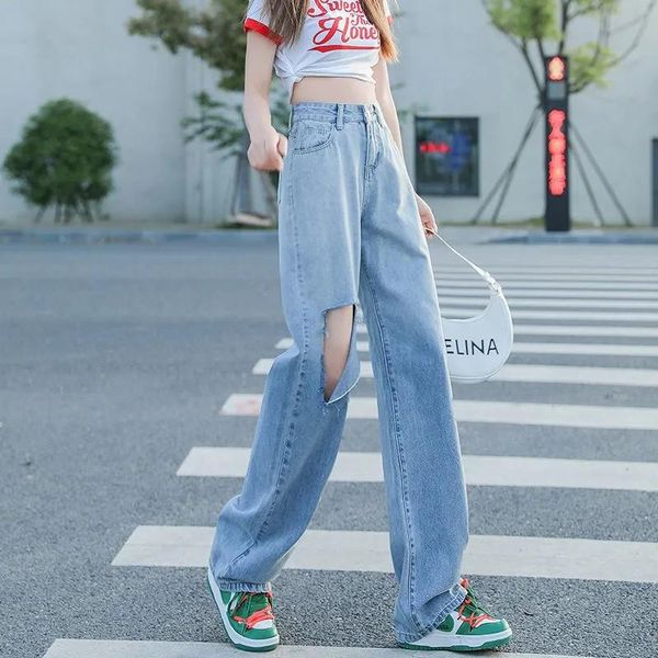 

women's jeans pant women summer thin section light color hole high waist buttons all-match fashion straight denim trousers 423, Blue
