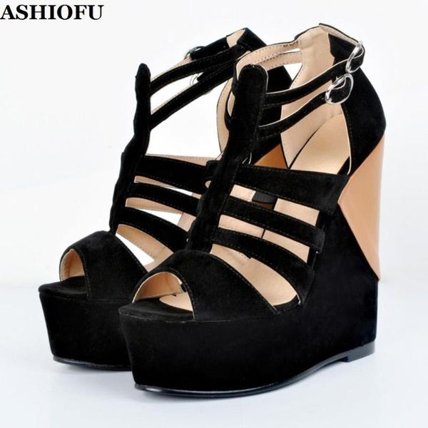 

handmade women's wadge heel sandals buckle strap club party dress shoes real pos evening fashion xd075, Black
