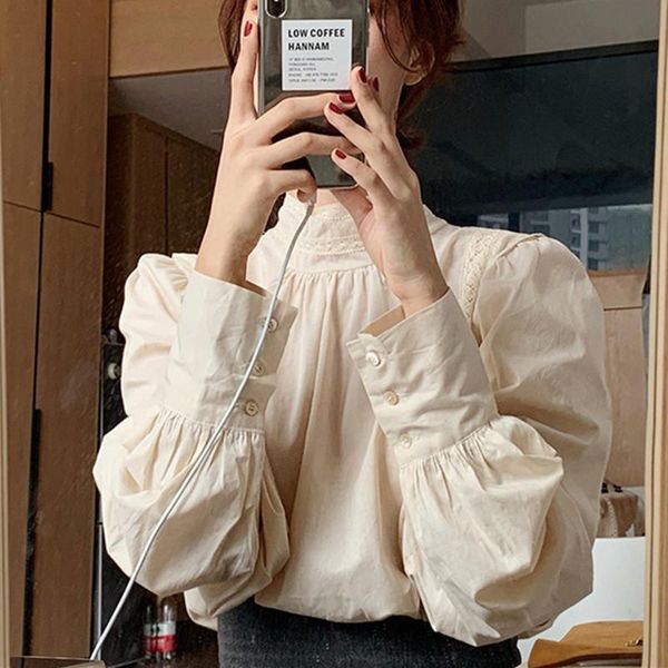 

women's blouses & shirts autumn 2021 stand collar elegant women mesh puff long sleeve fashion tide all match solid blusas mujer, White