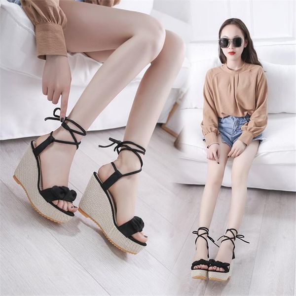 

sandals women's shoes 2021 summer bow knot buckle open toe lame heel high platform straw, Black