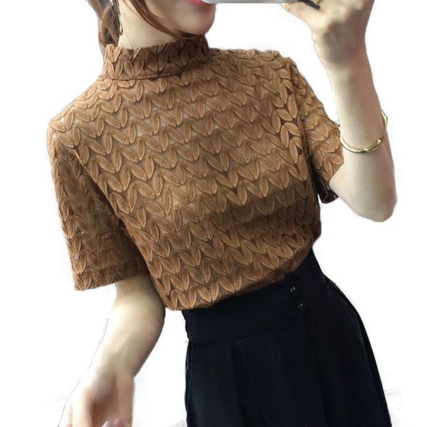 

women's t-shirt volocean womens summer 2021 women lace turtleneck shirt tees solid woman blusas tshirt female long tee, White