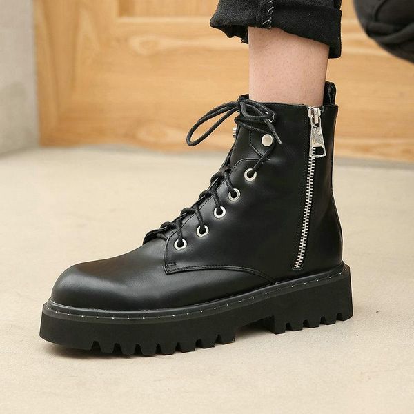 

boots platform ankle autumn winter women comfortable flat with short fashion metal zipper ladies shoes, Black