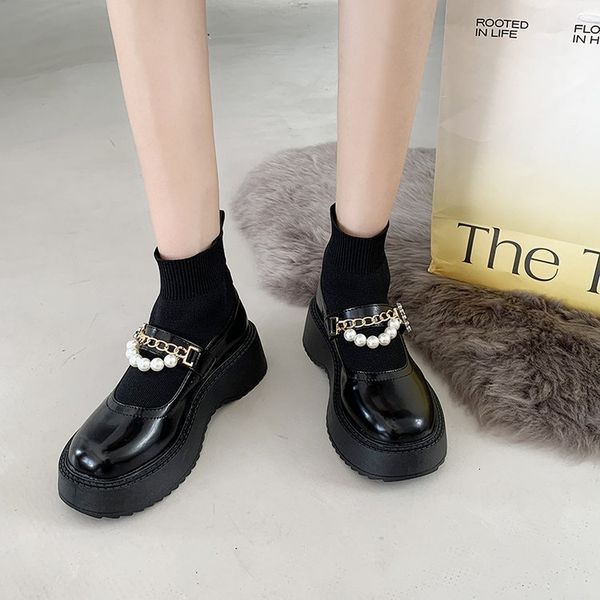 

black small leather sho sock's 2021 autumn thin elastic breathable mh pearl boots