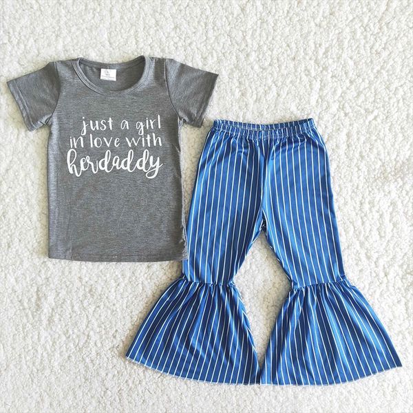

arrival kids grey and striped bells 2pieces set girl short sleeve letters outfit boutique children summer clothes, White
