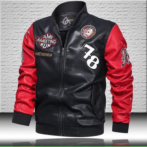 

embroidery leather jacket men motorcycle faux 2021 winter fleece bomber chaqueta hombre men's fur, Black