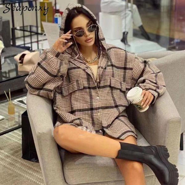 

women's jackets 2021 fashion contrast color plaid hooded shirt jacket long-sleeved single-breasted pocket casual coat, Black;brown