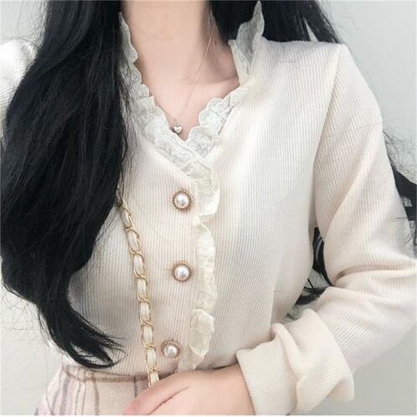 

women's tanks & camis autumn winter womens and blouses long sleeve v-neck lace trim single breasted korean chic ladies blusas, White