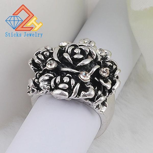 

cluster rings modern 2021 vintage jewelry antique silver plated black crystal rhinestone big rose flower for women romantic, Golden;silver