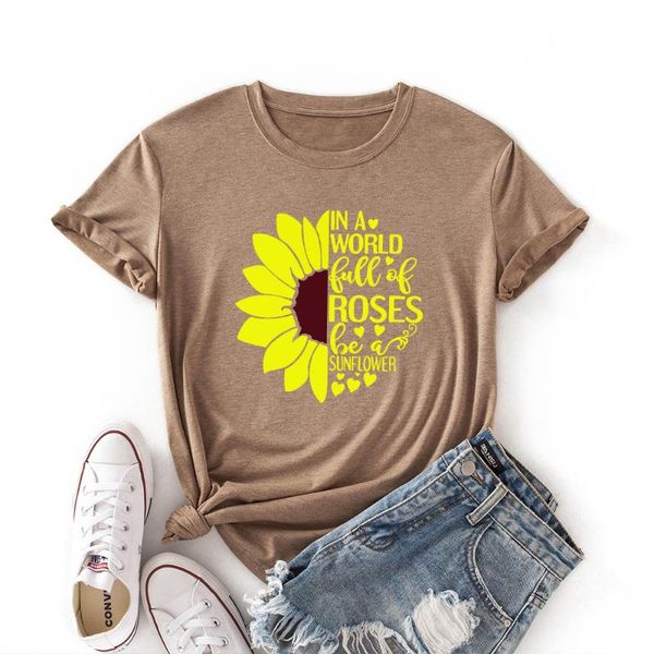 

women's t-shirt sunflower printed cotton short-sleeved women casual soft female t shirt for plus size femme graphic tee, White
