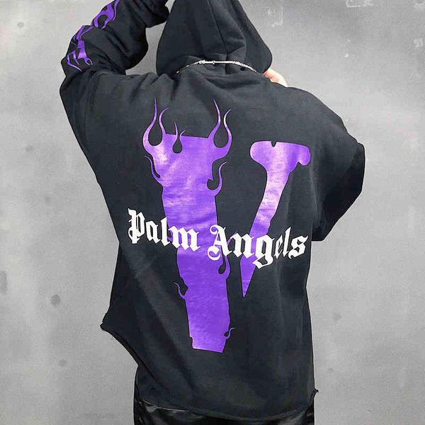 

factory long 2021 brand v hoodie x palm miami pop unicorn arm destruction burr flame big sweater men's and women's, Black
