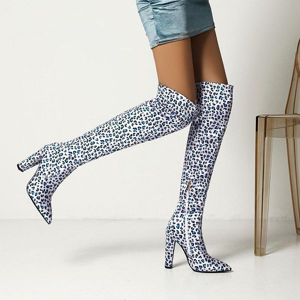

boots europe america pointed toe high heels print stretch fabric autumn winter warm shoes woman over the knee, Black