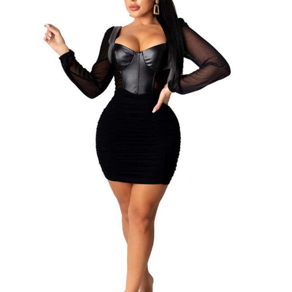 

dresses women's pu casual leather mesh stitching slim dress, Black;gray