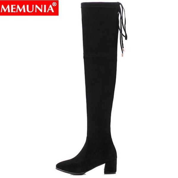 

boots memunia 2021 women square high heels zipper black over the knee quality flock stretch thigh