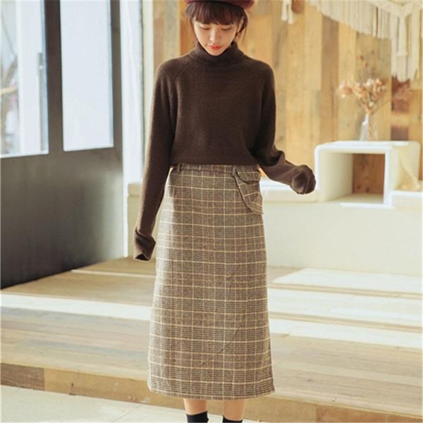 

skirts 2021 autumn and winter wild plaid split mid-length skirt women, Black