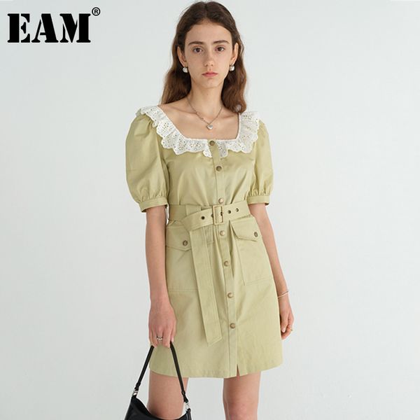 

[eam] women green sashes pocket spliced dress square neck half puff sleeve loose fit fashion spring summer 1dd7844 21512, Black;gray