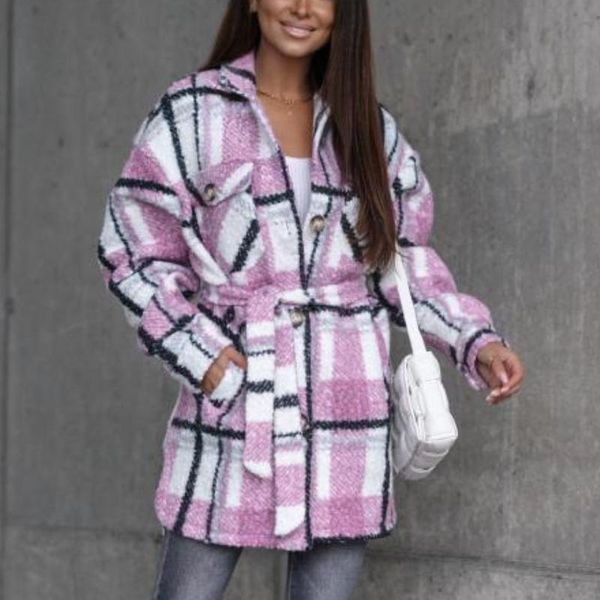 

women's wool & blends fashion 2021 autumn and winter strappy plaid woolen coat lapel single-breasted temperament mid-length casual clot, Black