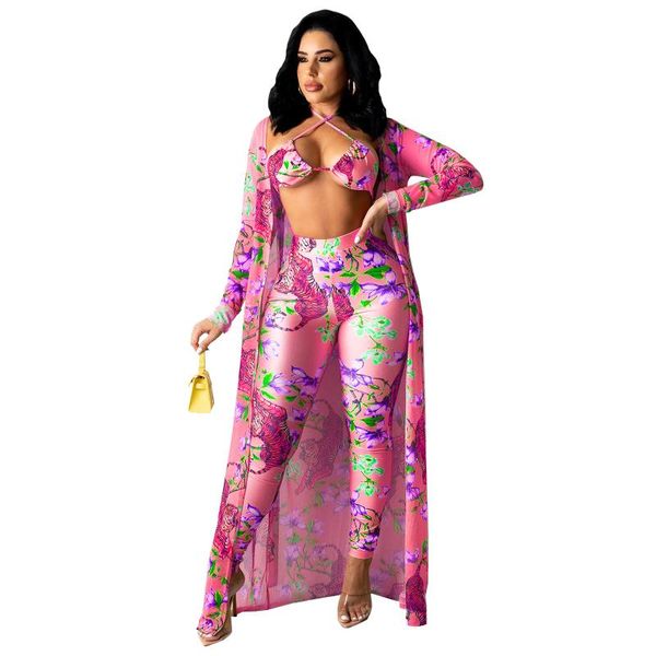 

women's two piece pants 2021 spring and summer european american tiger print blouse swimsuit 3-piece set, White