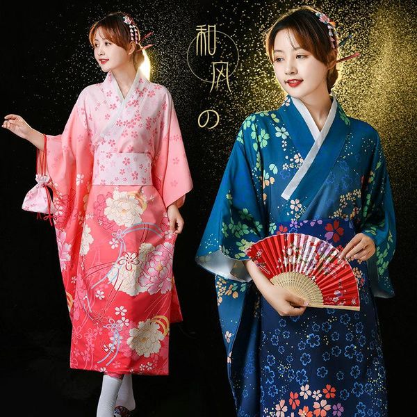 

ethnic clothing japanese traditional kimono with obi vintage women evening dress geisha yakata stage show cherry blossom festival, Red