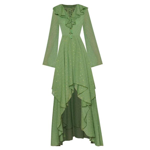 

casual dresses string lace up flared long sleeve high low ruffles irregular green maxi party dress, Black;gray