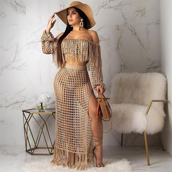 

fringed tassel summer women tank beach dress off shoulder maxi long sleeve knit crochet hollow out party, White