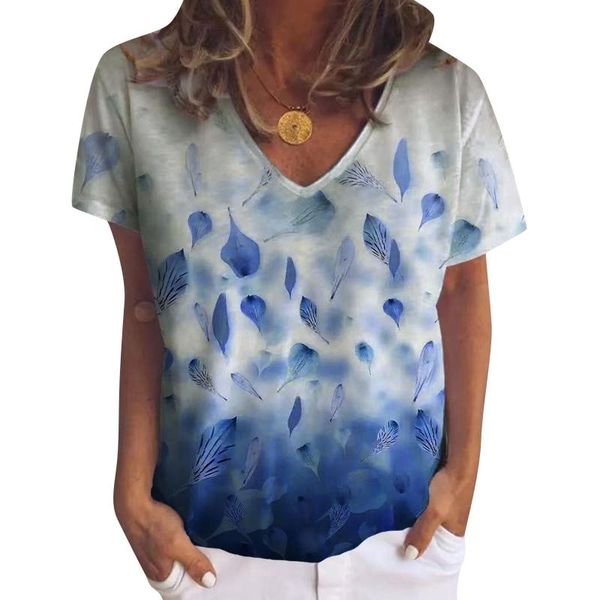 

women's blouses & shirts leaves print blouse v-neck short sleeves loose casual ladies slim shirt summer blusas mujer de moda, White