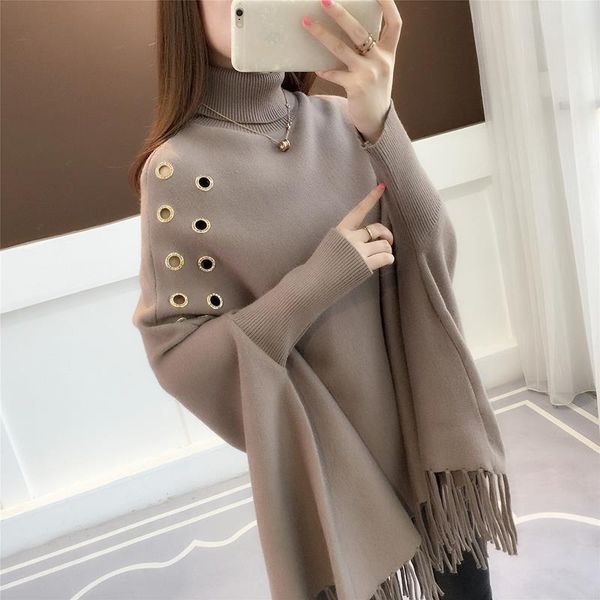 

women's sweaters [ewq] 2021 bat sleeve loose sweater turtleneck hole cloak jacket autumn winter women hedging tassel shawl 16e4493, White;black