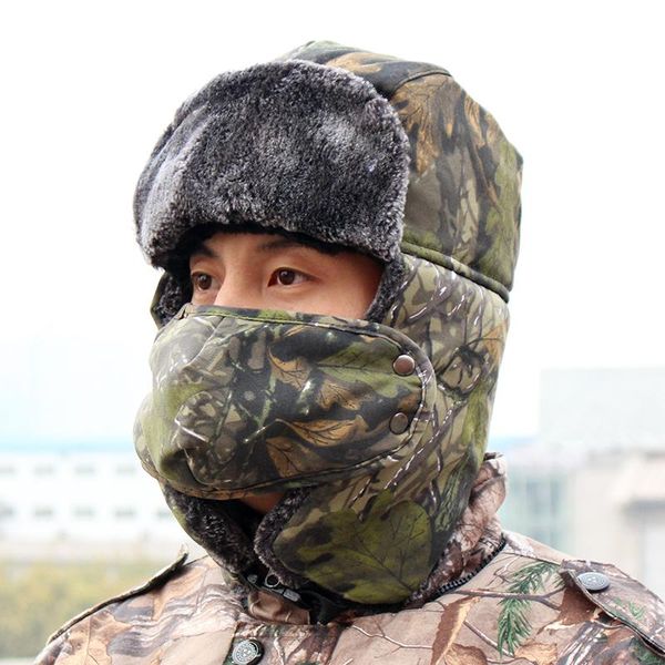 

bionic camouflage winter cap men warm thermal hat outdoor hiking walking hunting bomber pilot ushanka ear hats, Black;white