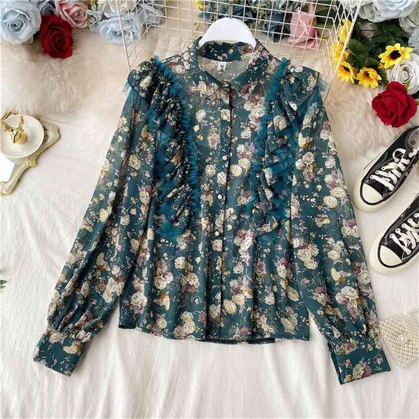 

spring autumn women's chiffon shirt fashion sweet ruffles flower lantern sleeve women long blouses gd241 210506, White