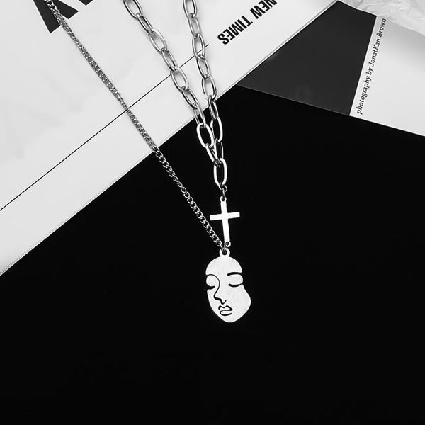 

pendant necklaces personality necklace for women human face trendy vintage sweater chain hip-hop long collar statement gothic chokers, Silver
