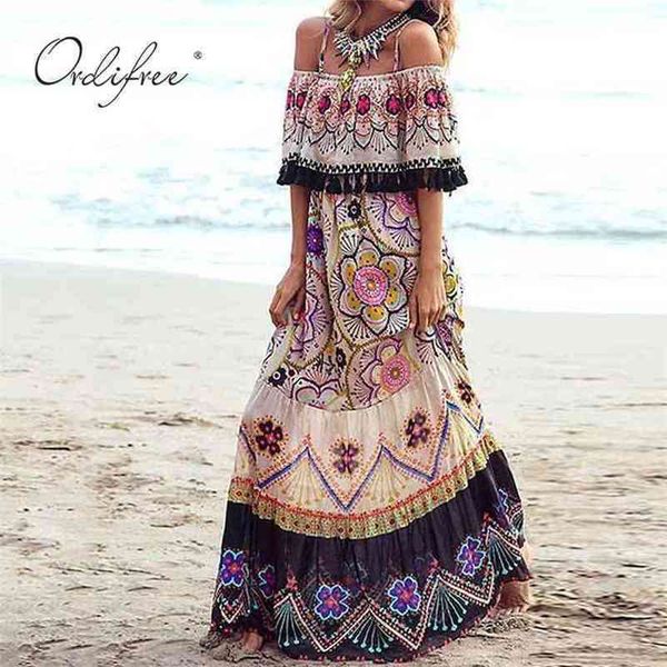 

summer boho women maxi dress short sleeve tassel vintage floral print long beach 210513, Black;gray