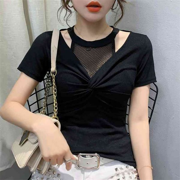 

women's summer black cross v-neck t-shirt fashion solid slim hollow out plaid patchwork tees female pl014 210506, White