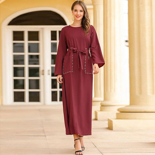 

ethnic clothing islamic muslim dress dark red diamond casual eid mubarak abaya robe loose arab middle eastern women prayer clothes